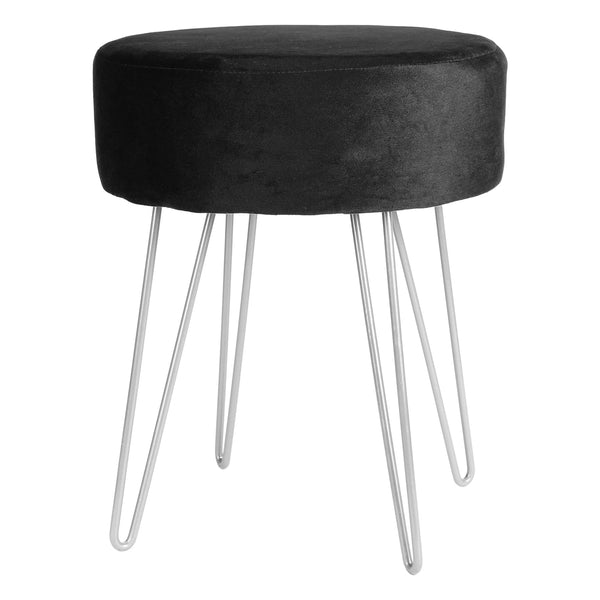 Black Round Velvet Footstool - Silver Legs