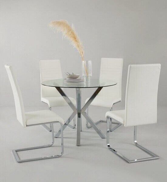 Chopstick 100cm Round Glass Dining Table 4 Chairs White Sleek Dining Furniture