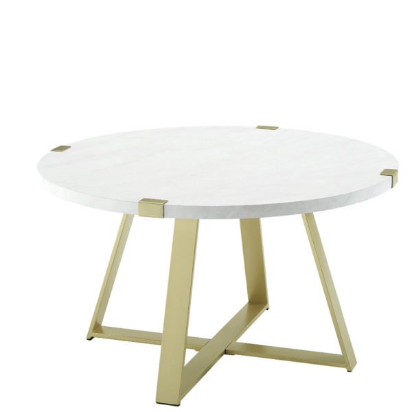 Round Coffee Table - White Faux Marble/Gold Elegant Living Room Furniture