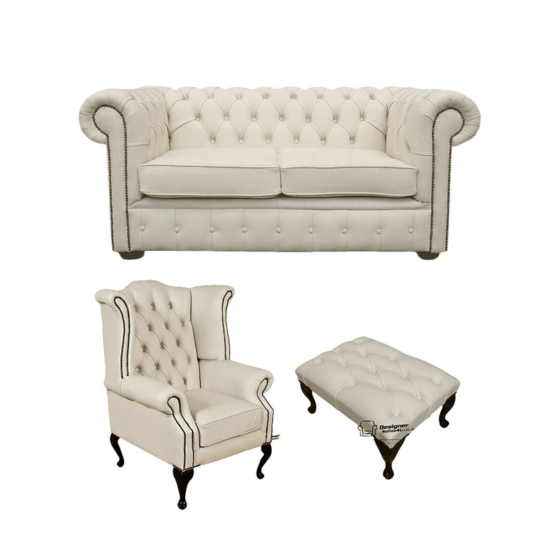 Chesterfield 2 Seater Sofa + Queen anne + Footstool Leather Sofa Suite Offer Ivory