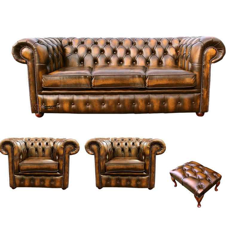 Chesterfield 3 Seater Sofa + 2 x Club Chairs + Footstool Leather Sofa Suite Offer Antique Gold