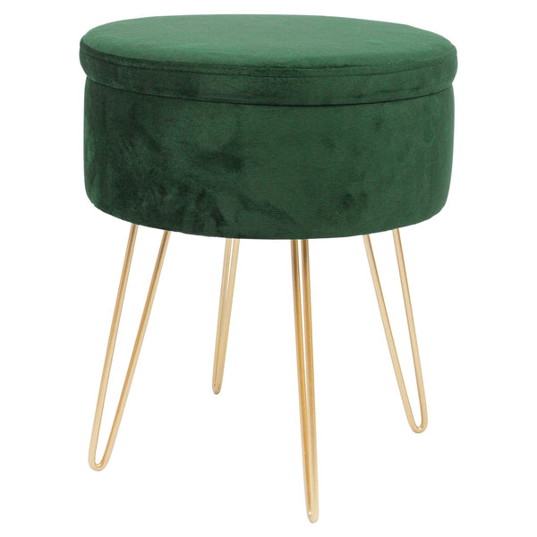 Green Round Velvet Storage Footstool - Gold Legs