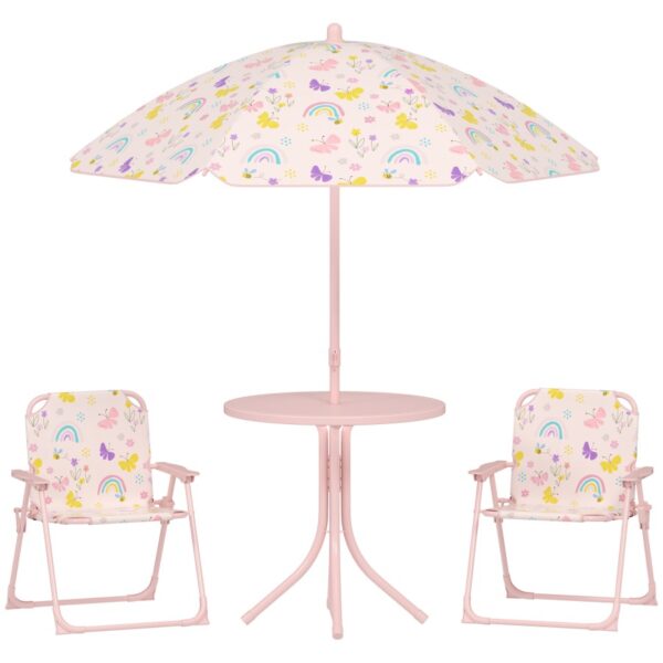 AIYAPLAY 4 Pieces Kids Garden Furniture, Children Table and Chair Set with Adjustable Parasol, 2 Folding Chairs, Picnic Table, Rainbow Pattern Outdoor