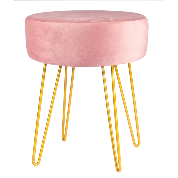 Pink Round Velvet Footstool - Gold Legs