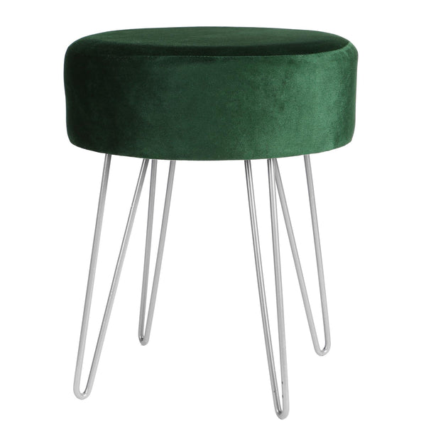 Green Round Velvet Footstool - Silver Legs