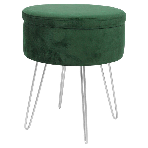 Green Round Velvet Storage Footstool - Silver Legs