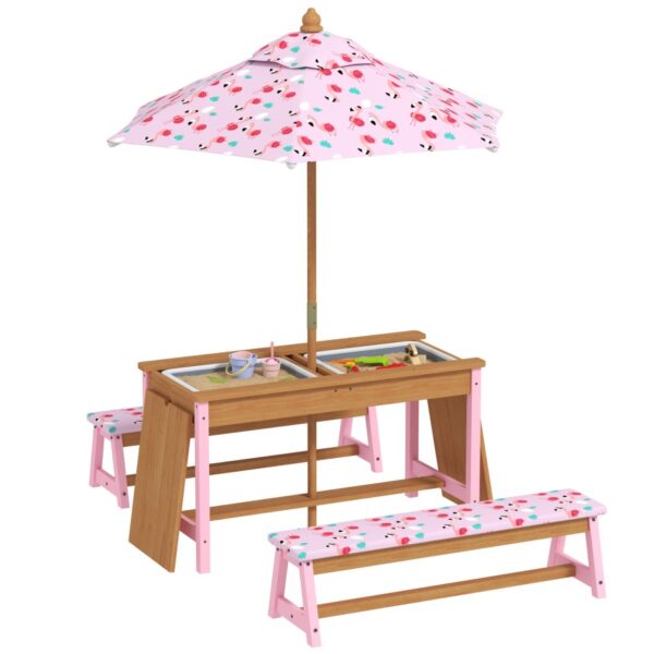 AIYAPLAY Kids Picnic Table, Wooden Children Garden Table and Bench Set with Removable & Foldable Umbrella, Cushions, Storage Boxes, Flamingo Theme Out