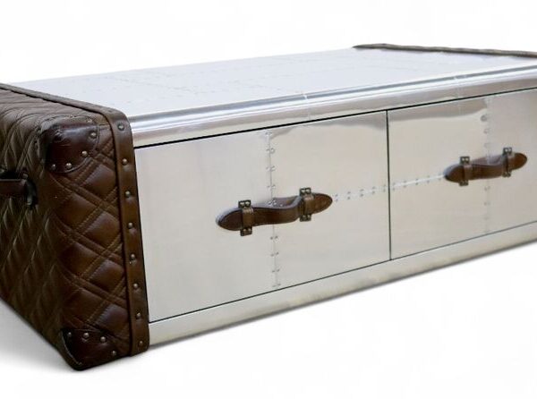 Vintage Aviator Metal & Leather Coffee Table 4 Drawer Storage Trunk Style