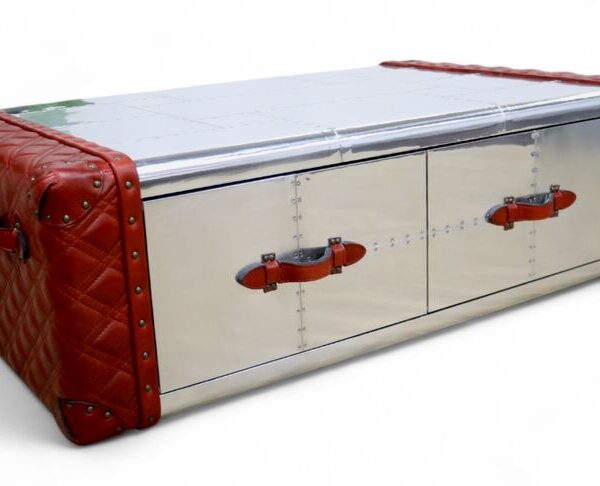 Aviation-Inspired Red Leather Trunk Coffee Table with Storage Drawers