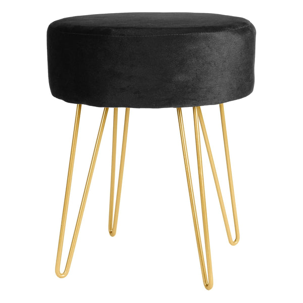 Black Round Velvet Footstool - Gold Legs