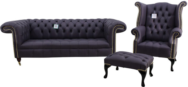 Chesterfield Regency Suite 3 Seater Sofa + Queen Anne Wing Chair + Footstool Amethyst Purple Leather