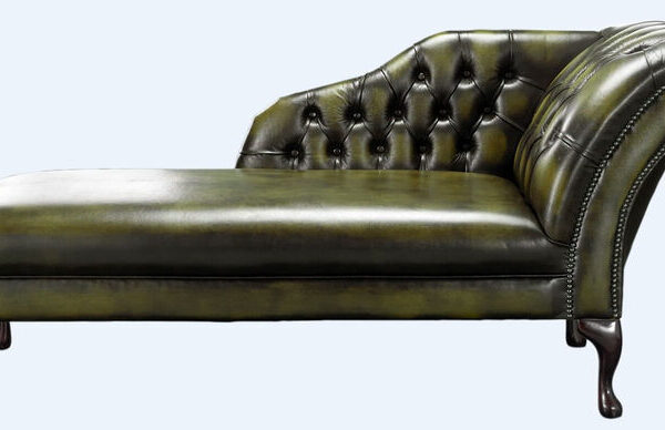 Chesterfield Chaise Antique Olive Green Leather Lounge Day Bed