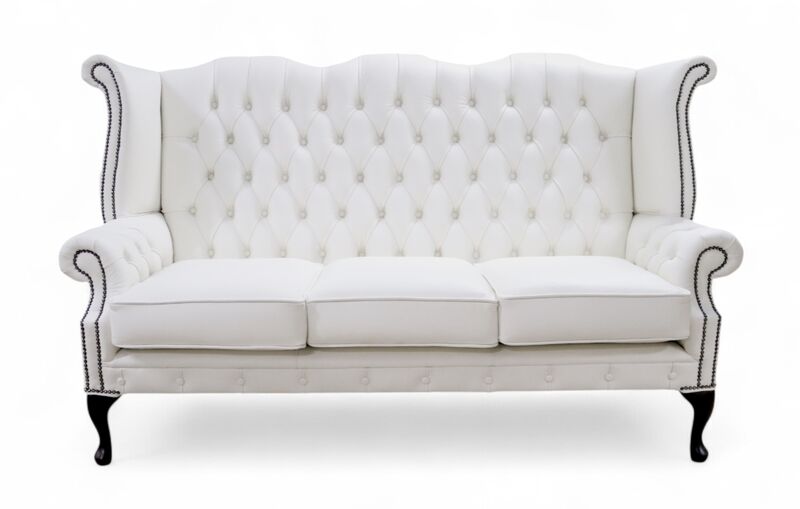 Chesterfield Chatsworth 3 Seater Queen Anne High Back Wing Chair Sofa Winter White Leather