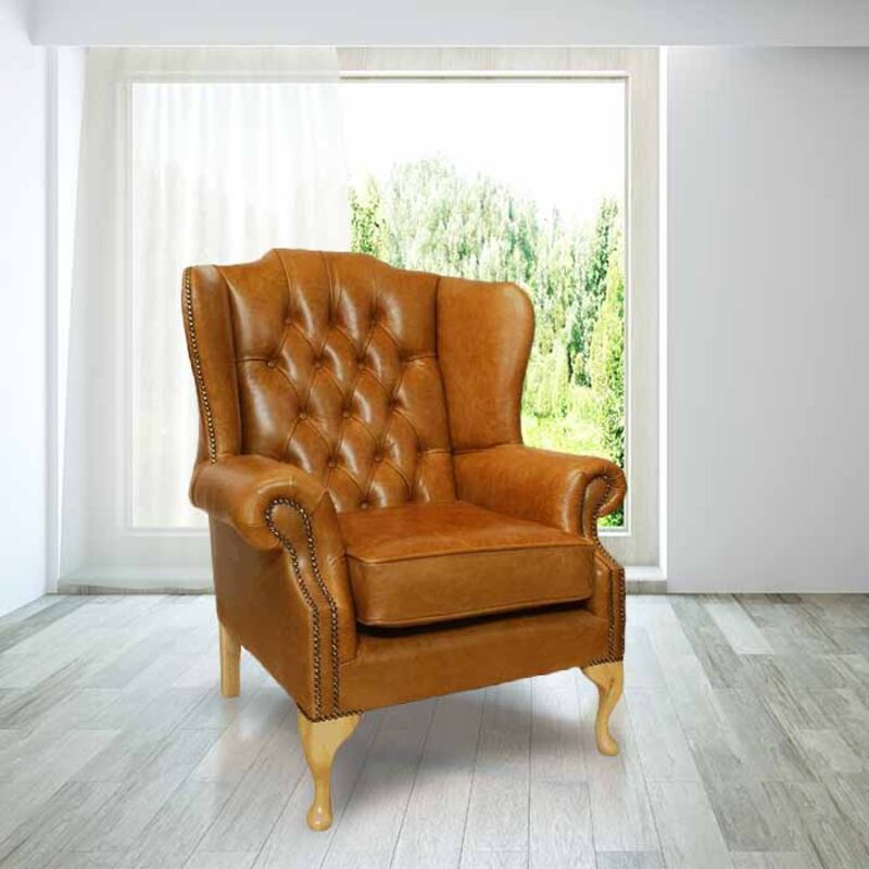 Chesterfield Gladstone Queen Anne High Back Wing Chair UK Manufactured Old English Tan