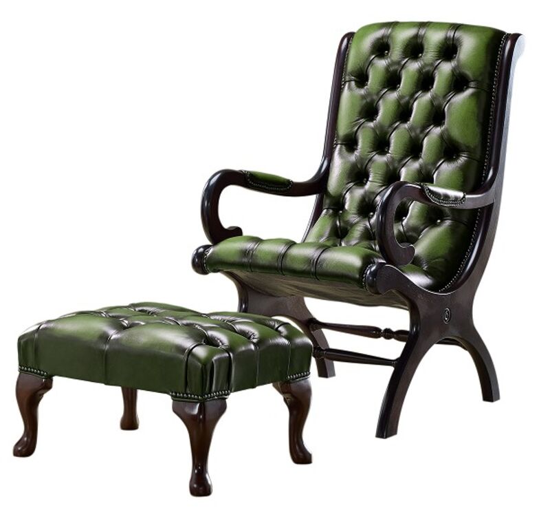 Chesterfield York Slipper Stand Armchair Antique Green Leather + Footstool