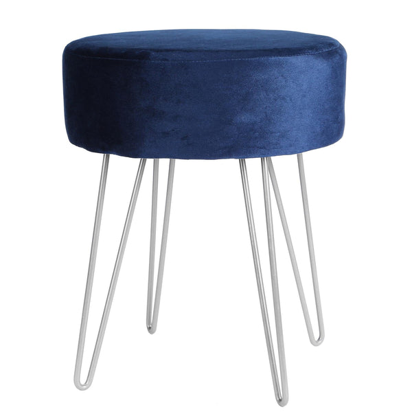 Blue Round Velvet Footstool - Silver Legs