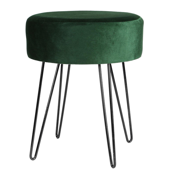 Green Round Velvet Footstool - Black Legs