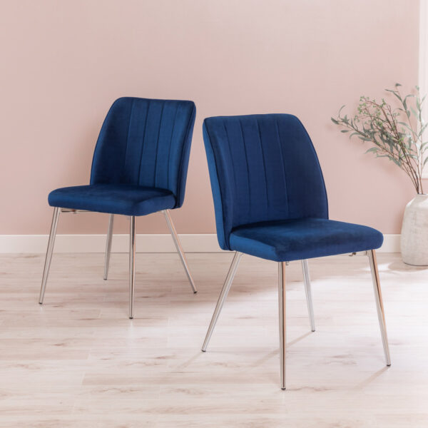 Pair of Royal Blue Velvet Dining Chairs With Chrome Legs - Ella