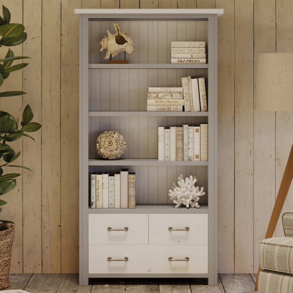 Gilford Wooden Bookcase With 3 Drawers In Greystone