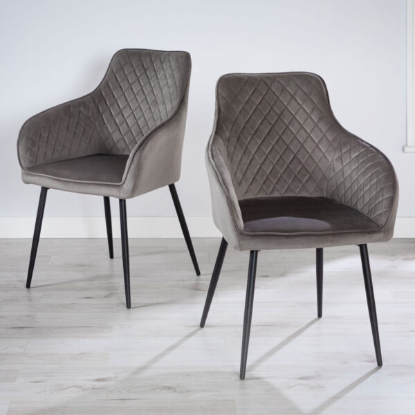 Pair of Grey Velvet Carver Dining Chairs with Black Legs - Hampton
