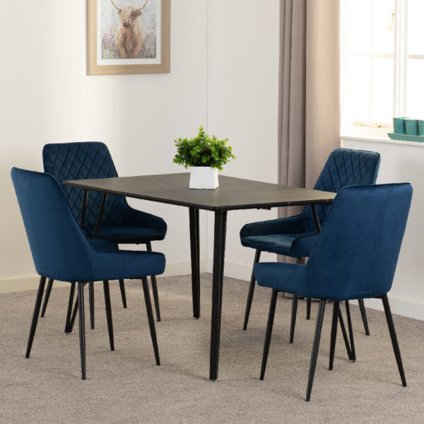 Mequon Black Marble Effect Dining Table With 4 Avah Blue Chairs
