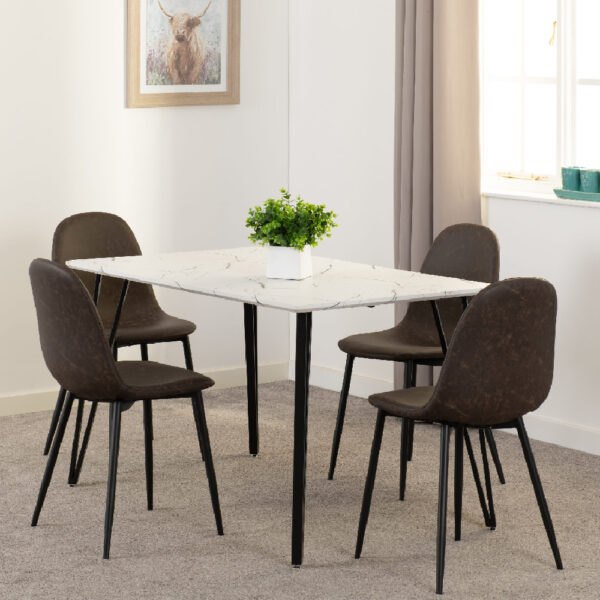 Mequon White Marble Effect Dining Table With 4 Alsip Brown Chairs