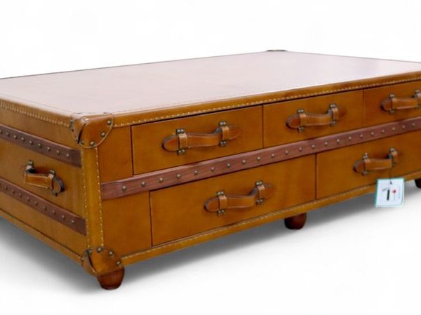 Vintage Trunk-Style Coffee Table with Drawers Leather & Wood Finish